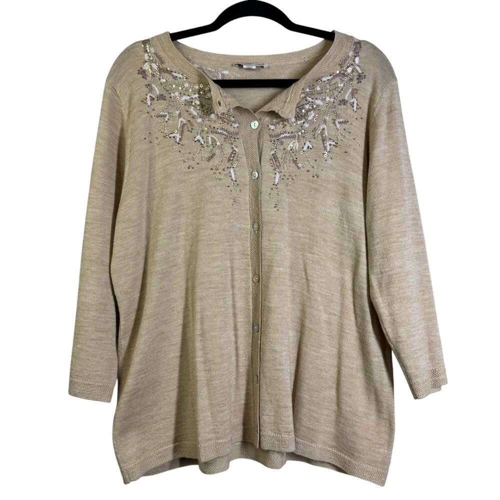 COLDWATER CREEK Cardigan XL Sweater Embroidered & Sequin‎ Oatmeal Button Down